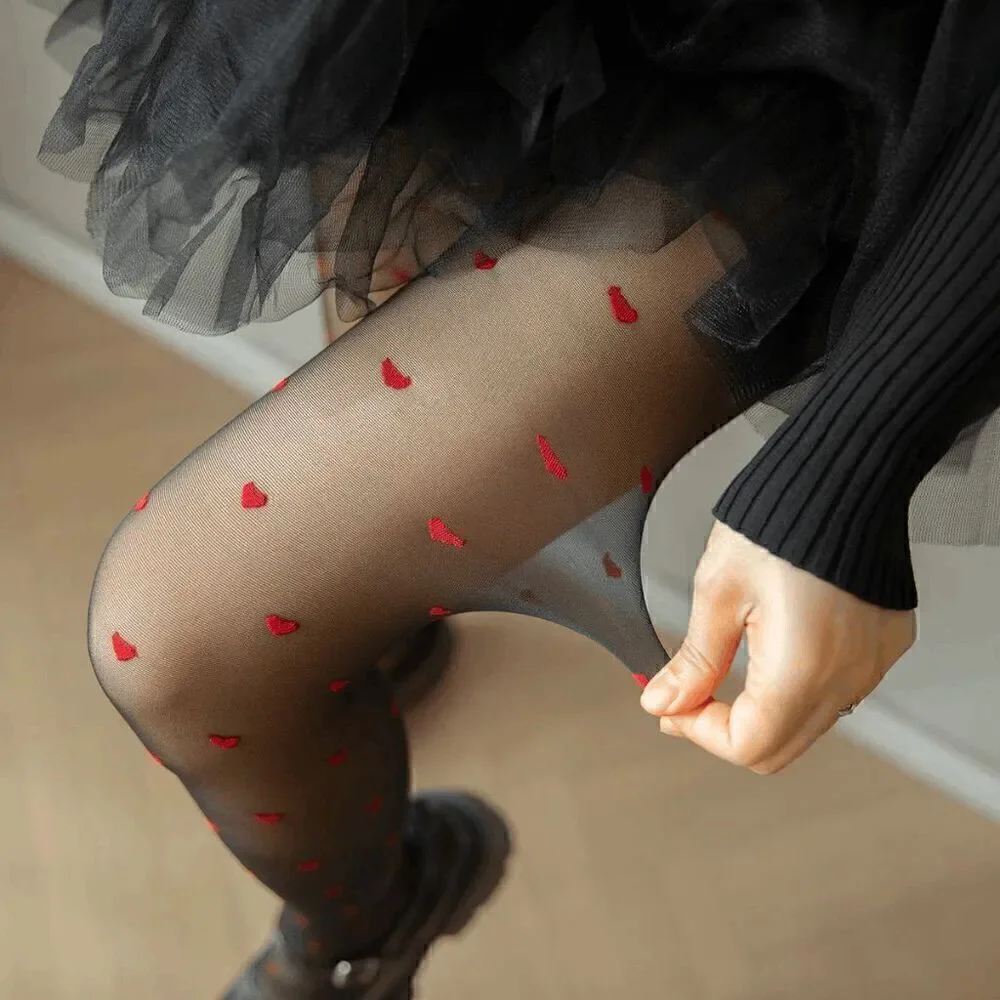❤ Love Heart Print Black Sheer Nylon Pantyhose Stocking Tights SIZE L-XXL NEW